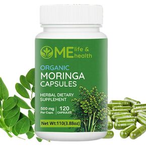 ME LIFE & HEALTH Moringa Capsules, 100% Organic Moringa oleifera Leaf, Immune System, Essential Vitamins & Amino Acids Non-GMO & Gluten Free, Pure & Natural 120 ct. 500mg caps