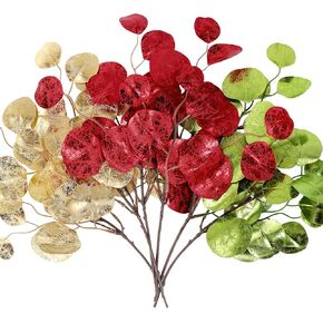 6Pcs Glitter Eucalyptus Leaves, Artificial Eucalyptus Stems Fake Eucalyptus Branches for Christmas Decorations Vase Filler Home Office Flowers Arrangement Centerpiece Decor (Gold Silver)