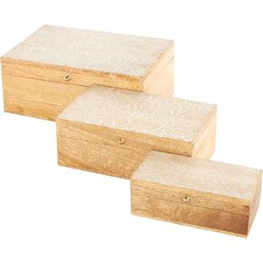 Deco 79 Mango Wood Scroll Handmade Decorative Box Whitewashed Storage Decorative Keepsake Box with Gold Accents, Set of 3 Storage Box 11", 9", 7" W, Brown