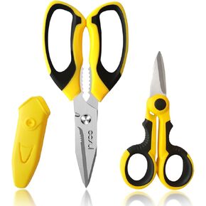 8-Inch Heavy Duty Scissors – Ultra Sharp Stainless Steel Shears with Serrated Edge & Protective Cover, Ideal for Cardboard, Wire, Fabric & More (Yellow)