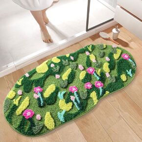 Green Moss Bathroom Rug Bath Mat Non Slip, Ultra Soft Absorbent Aesthetic Decor Shaggy Tufted Flower Extra Long Bath Rugs for Bathroom Floor, Shower, Bedroom, Machine Washable, 20 x 40 Inch