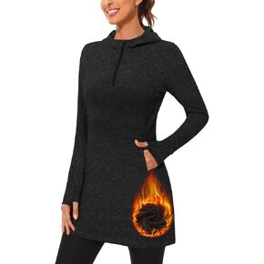 Soneven Women Hoodies Thermal Fleece Long Sweatshirt Tunic Dress Warm Winter Outfits Quarter Zip Pullover Thumb Holes Pocket