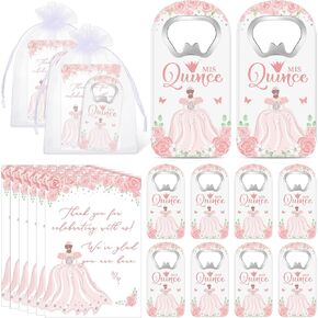 50 Sets Quinceanera Party Favor Gifts for Guests Mis Quince Bottle Opener Fridge Magnet with Thank You Card and Organza Bag 15 Years Birthday Party Favors for Girls Souvenirs (Pink)