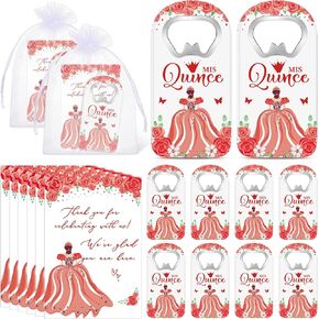 50 Sets Quinceanera Party Favor Gifts for Guests Mis Quince Bottle Opener Fridge Magnet with Thank You Card and Organza Bag 15 Years Birthday Party Favors for Girls Souvenirs (Pink)
