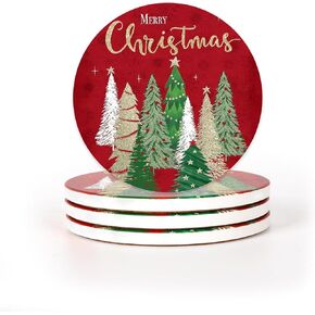 AnyDesign 4Pcs Merry Christmas Coasters Gold Foil Christmas Tree Drink Coasters Xmas Red Ceramic Cup Mats for Winter Holiday Party Home Office Table Decor