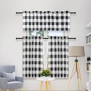 Simple Deluxe 3 Pcs Kitchen Curtains Buffalo Plaid Curtains for Windows Curtains Valance and Tier Set of 3, 52" W x 15" L&26" W x 30" L, Black and White in Kuwait