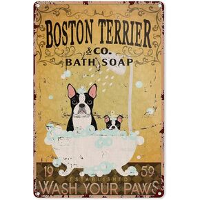 UOAIUDT Vintage Metal Sign Boston Terrier And Co Bath Soap Established Wash Your Paws Tin Sign Retro Plaque Wall Decor Gift For Home Kitchen Office Club Bar Gym 8x12 Inch
