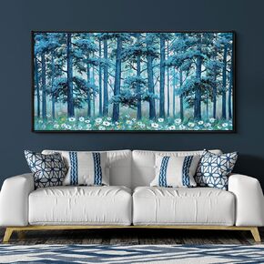 XLSJERST Blue Tree Canvas Wall Art Forest Landscape Picture Modern Birch Trees Nature Teal Abstract Painting Artwork Large Size Framed for Home Office Living Room Bedroom Wall Decor - 24x48 Inhes