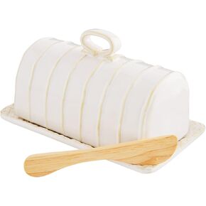 Mud Pie Butter Dish Set, White, dish 3 3/4" x 6 3/4" | spreader 5 1/2"