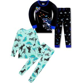 Pajamas for Boys Dinosaur Rocket Space 4-Piece PJs Long Sleeve Sets Sleepwear 2-12 Years