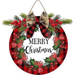 Merry Christmas Decor Wreath Buffalo Plaid Hanging Sign Red Rustic Round Wooden Christmas Hanging Sign 12 Inch For Front Door Door Wall Home Window Decor