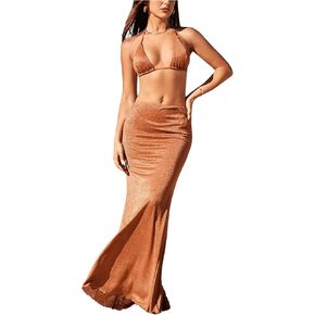 MakeMeChic Women's Glitter 3 Piece Halter Swimsuit Tie Side Thong Bikini Set with Bodycon Maxi Beach Skirt