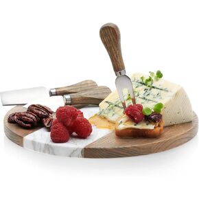 Prologue Handcrafted 3 Handled Cheese Knives, Wood and Marble Appetizer Board (10-inch)
