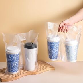 300 Pack Drink Carrier for Delivery, Clear Cup Carrier with Handle, Thickened Plastic Bags for Drinks, Portable Take Out Bags for Coffee Shop/Restaurant/Bar
