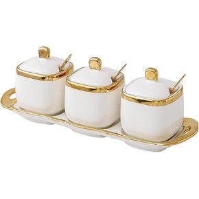 jessie 3Pcs Condiment Jar Spice Container with Ceramic Tray Serving Spoon and Lids for Home Kitchen Spices Sugar Coffee Salt and Pepper (White suit)