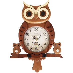 Owl Shaped Pendulum Wooden Wall Clock Non-Ticking Silent Battery Operated Pendulum for Home Decor