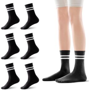 6 Pairs Womens Striped Crew leisure stripes Cotton Crew Half Calf Socks Athletic Sports Running Socks for Women Teens