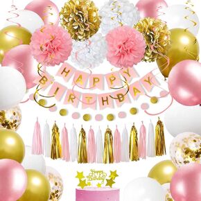 Pink Gold Birthday Decorations, Pink White Gold Happy Birthday Party Decorations for Women - Happy Birthday Banner, Balloons, Tissue Pompoms, Tassels Garland