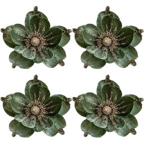 4 Pcs Glitter Artificial Magnolia Flower for Tree Christmas Poinsettia Magnolia Flower Glitter Velvet Magnolia Flower Decorative for Christmas Tree New Year Wedding Party Decoration (Green)