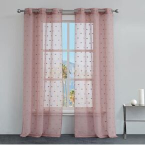 Juicy Couture Evelyn Pom Embroidered Window Sheere Voile Panel Curtains | Lightweight Drapes | Easily Blinds and Shades | Rod Grommets, 38" x 84" Pair, Blush