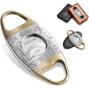 Cigar Cutter Stainless Steel Bronze Engraved Double Cut Blade (Color:Silver1)
