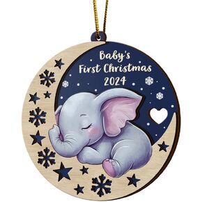 Baby's First Christmas Ornament 2024 Girl Boy, Cute Baby 1st Christmas Elephant Sleep Ornaments, 3" Wooden Christmas Tree Hanging Decoration, Gift for Newborn, New Baby Keepsake Ornament