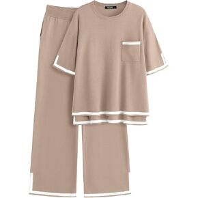 ZANZEA Women's 2 Piece Outfits Lounge Sets Short Sleeve Knit Pullover Tops Wide leg Pajama Sets with Pockets