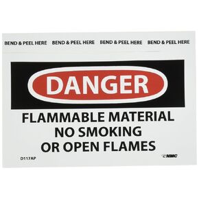 NMC D117AP OSHA Sign, Legend "DANGER - FLAMMABLE MATERIAL NO SMOKING OR OPEN FLAMES", 5" Length x 3" Height, Pressure Sensitive Vinyl, Black/Red on White (Pack of 5)
