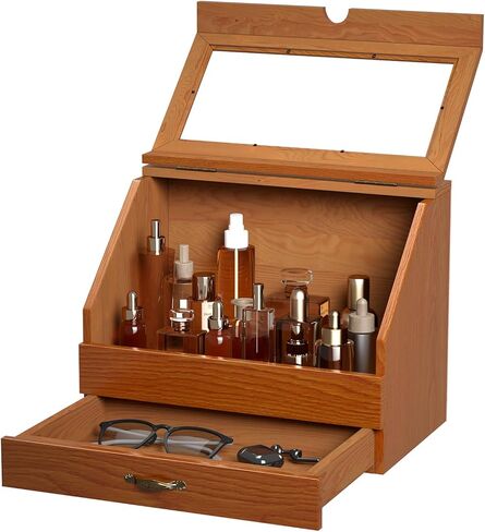 Cologne Stand Organizer for Men,Perfume Organizer for Dresser,Wooden Large Perfume Holder Storage with Acrylic Window,Cologne Display Shelf with Drawer Gift for Men in Kuwait