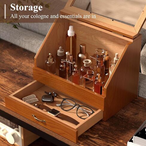 Cologne Stand Organizer for Men,Perfume Organizer for Dresser,Wooden Large Perfume Holder Storage with Acrylic Window,Cologne Display Shelf with Drawer Gift for Men in Kuwait