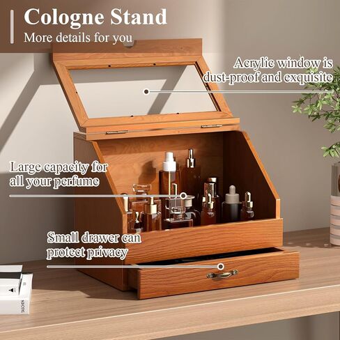 Cologne Stand Organizer for Men,Perfume Organizer for Dresser,Wooden Large Perfume Holder Storage with Acrylic Window,Cologne Display Shelf with Drawer Gift for Men in Kuwait
