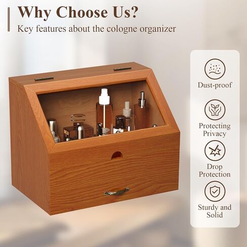 Cologne Stand Organizer for Men,Perfume Organizer for Dresser,Wooden Large Perfume Holder Storage with Acrylic Window,Cologne Display Shelf with Drawer Gift for Men in Kuwait