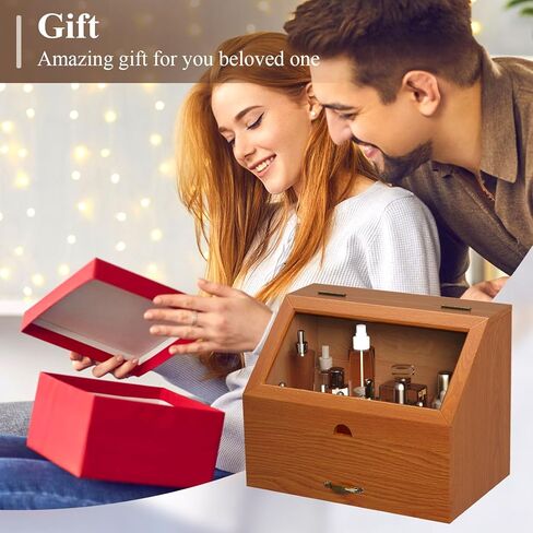 Cologne Stand Organizer for Men,Perfume Organizer for Dresser,Wooden Large Perfume Holder Storage with Acrylic Window,Cologne Display Shelf with Drawer Gift for Men in Kuwait