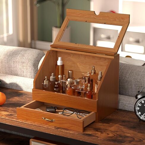Cologne Stand Organizer for Men,Perfume Organizer for Dresser,Wooden Large Perfume Holder Storage with Acrylic Window,Cologne Display Shelf with Drawer Gift for Men in Kuwait