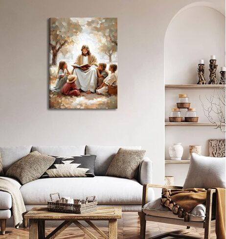 Jesus With Children Canvas Wall Art Christian Kids Room Wall Decor Picture Jesus Teaching Children Watercolor Poster Print for Kids Room Bedroom Church Decorations Ready To Hang in Saudi Arabia