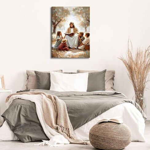Jesus With Children Canvas Wall Art Christian Kids Room Wall Decor Picture Jesus Teaching Children Watercolor Poster Print for Kids Room Bedroom Church Decorations Ready To Hang in Saudi Arabia