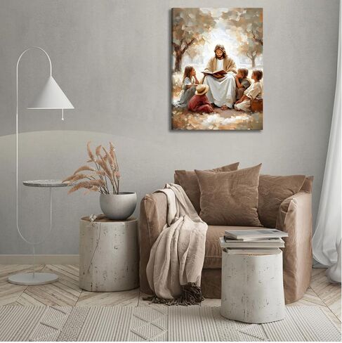 Jesus With Children Canvas Wall Art Christian Kids Room Wall Decor Picture Jesus Teaching Children Watercolor Poster Print for Kids Room Bedroom Church Decorations Ready To Hang in Saudi Arabia