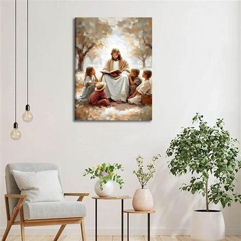 Jesus With Children Canvas Wall Art Christian Kids Room Wall Decor Picture Jesus Teaching Children Watercolor Poster Print for Kids Room Bedroom Church Decorations Ready To Hang in Saudi Arabia