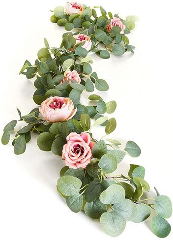ACIOPPL 1Pcs 5.7Ft Artificial Eucalyptus Garland with Flowers, Fake Peony Flower Greenery Garland Floral Vines Peony Eucalyptus Vine for Party Wedding Table Runner Christmas Thanksgiving Decor in Saudi Arabia