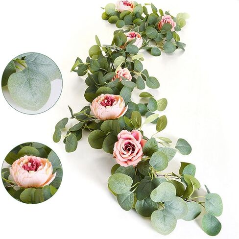 ACIOPPL 1Pcs 5.7Ft Artificial Eucalyptus Garland with Flowers, Fake Peony Flower Greenery Garland Floral Vines Peony Eucalyptus Vine for Party Wedding Table Runner Christmas Thanksgiving Decor in Saudi Arabia