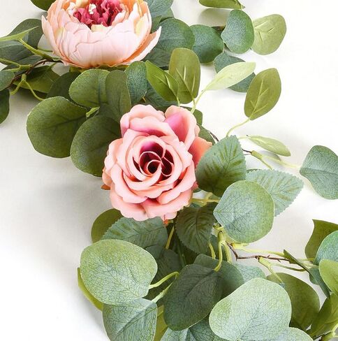 ACIOPPL 1Pcs 5.7Ft Artificial Eucalyptus Garland with Flowers, Fake Peony Flower Greenery Garland Floral Vines Peony Eucalyptus Vine for Party Wedding Table Runner Christmas Thanksgiving Decor in Saudi Arabia