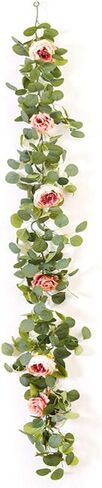 ACIOPPL 1Pcs 5.7Ft Artificial Eucalyptus Garland with Flowers, Fake Peony Flower Greenery Garland Floral Vines Peony Eucalyptus Vine for Party Wedding Table Runner Christmas Thanksgiving Decor in Saudi Arabia