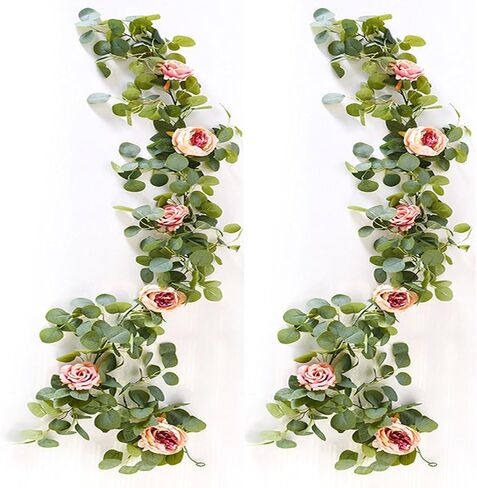 ACIOPPL 1Pcs 5.7Ft Artificial Eucalyptus Garland with Flowers, Fake Peony Flower Greenery Garland Floral Vines Peony Eucalyptus Vine for Party Wedding Table Runner Christmas Thanksgiving Decor in Saudi Arabia