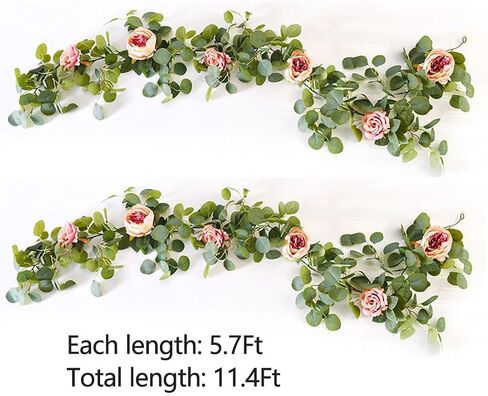 ACIOPPL 1Pcs 5.7Ft Artificial Eucalyptus Garland with Flowers, Fake Peony Flower Greenery Garland Floral Vines Peony Eucalyptus Vine for Party Wedding Table Runner Christmas Thanksgiving Decor in Saudi Arabia