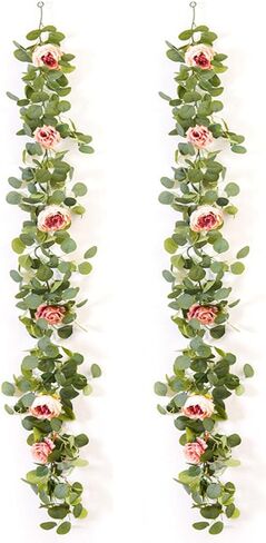 ACIOPPL 1Pcs 5.7Ft Artificial Eucalyptus Garland with Flowers, Fake Peony Flower Greenery Garland Floral Vines Peony Eucalyptus Vine for Party Wedding Table Runner Christmas Thanksgiving Decor in Saudi Arabia