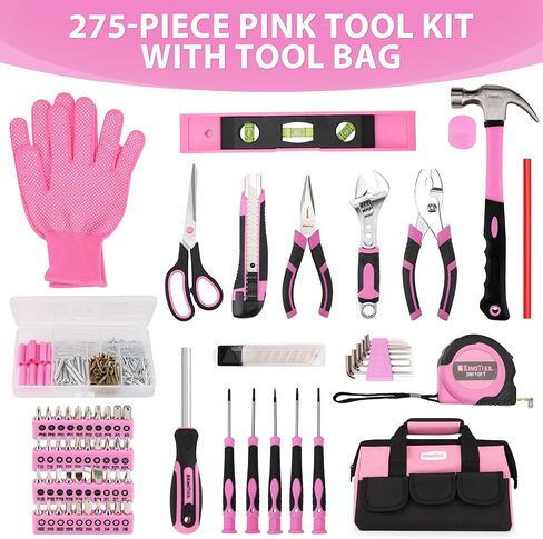 KingTool 275-Piece Pink Tool Set - Pink Tool Kit with 12" Wide Mouth Open Pink Tool Storage Bag, Womens Tool Kit for House, Perfect for DIY Projects & Home Repairs in Saudi Arabia