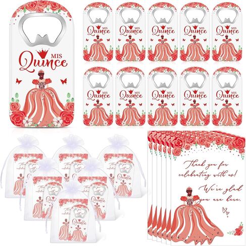 50 Sets Quinceanera Party Favor Gifts for Guests Mis Quince Bottle Opener Fridge Magnet with Thank You Card and Organza Bag 15 Years Birthday Party Favors for Girls Souvenirs (Pink) in Saudi Arabia