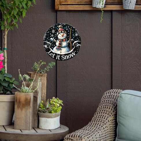 Let It Snow Snowman Sign Winter Welcome Farmhouse Christmas Metal Tin Sign for Outdoor Outside Porch Rustic Snowflakes Wreath Wall Hanging Decoration 8 Inch in Saudi Arabia