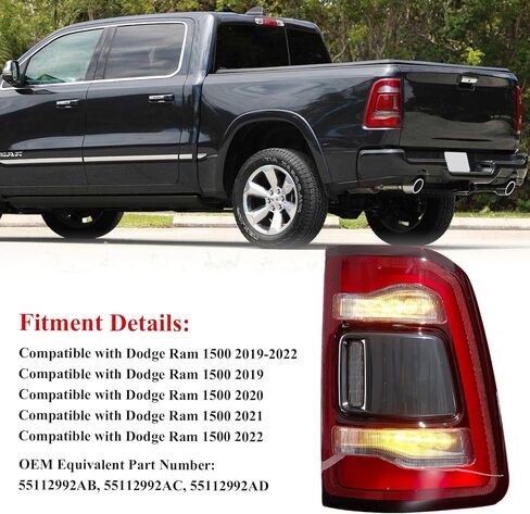 مجموعة مصابيح الذيل متوافقة مع دودج رام 1500 2019-2023 Big Horn/Tradesman، مصباح خلفي بإطار من الكروم مع مصابيح وأحزمة تحل محل جانب السائق الأيسر in Kuwait
