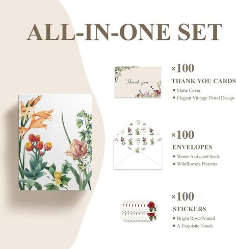 Thank You Cards with envelopes, 4x6 Inch Vintage Flower Blank Notes, Elegant Floral Design, Thank You Cards for Birthday, Wedding, Anniversary, 20 Pack in Saudi Arabia